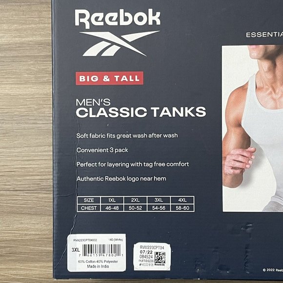 🔥Reebok 3 Pack Big & Tall 100% Cotton Tank Top Undershirts White Size 2XL-Tall - Picture 5 of 9